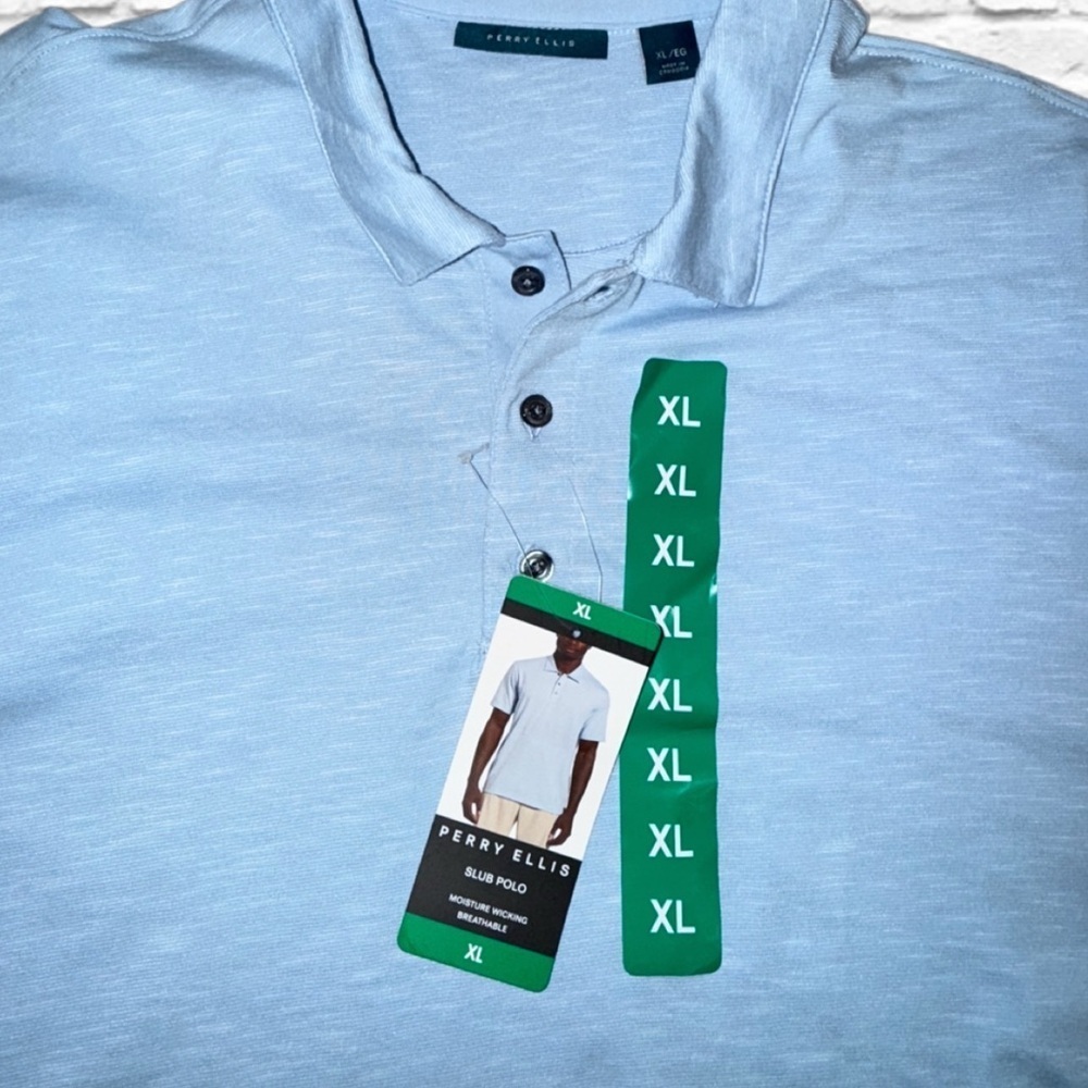 NWT Perry Ellis Slub Polo Shirt Light Blue XL Moisture Wicking Breathable